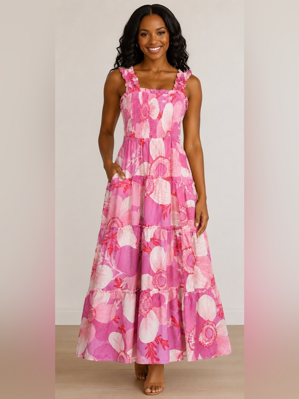 Smocked Floral Maxi Dress in Pink